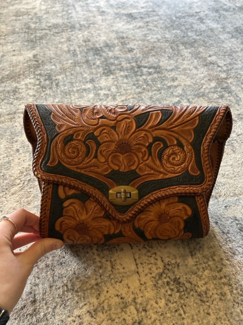 Tooled Floral Leather Clutch in Brown and Dark Green